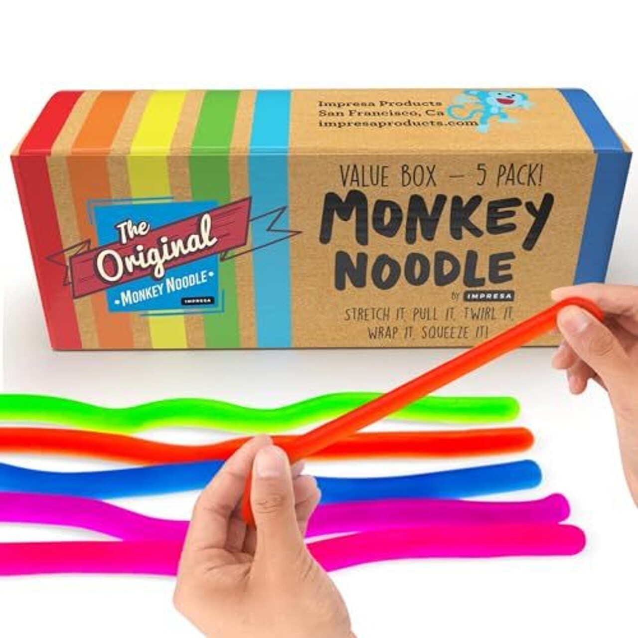 Impresa 5 Pack Monkey Noodles Fidget Toy - Stretchy Sensory Toys for Kids & Toddlers with Unique Needs - Fosters Creativity, Focus, & Fun-Great for Classrooms, Home & Playtime Ages 3-14